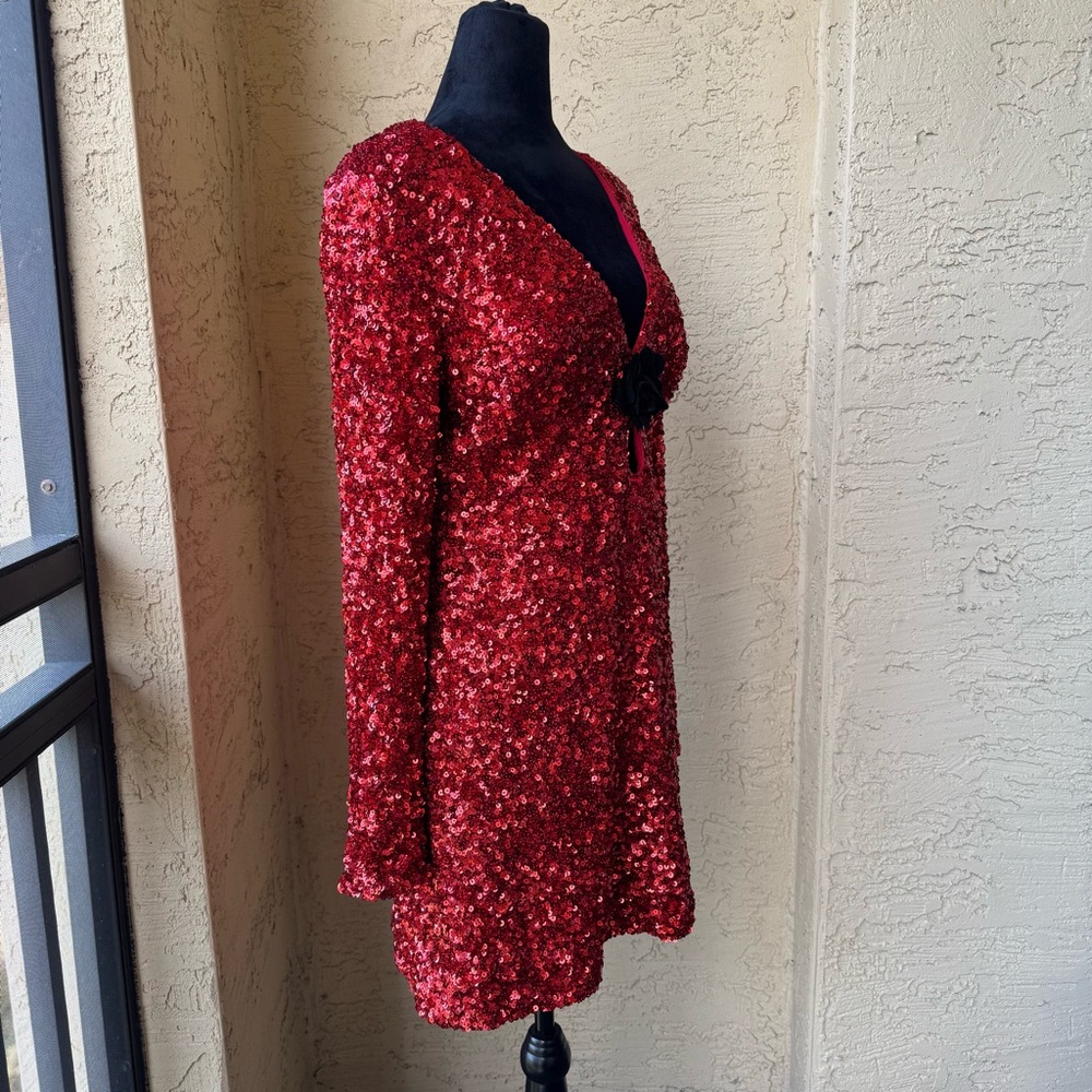 Dress the Population Tula Sequin Mini Dress Sz L Red Rouge Cut out Love - Picture 5 of 14